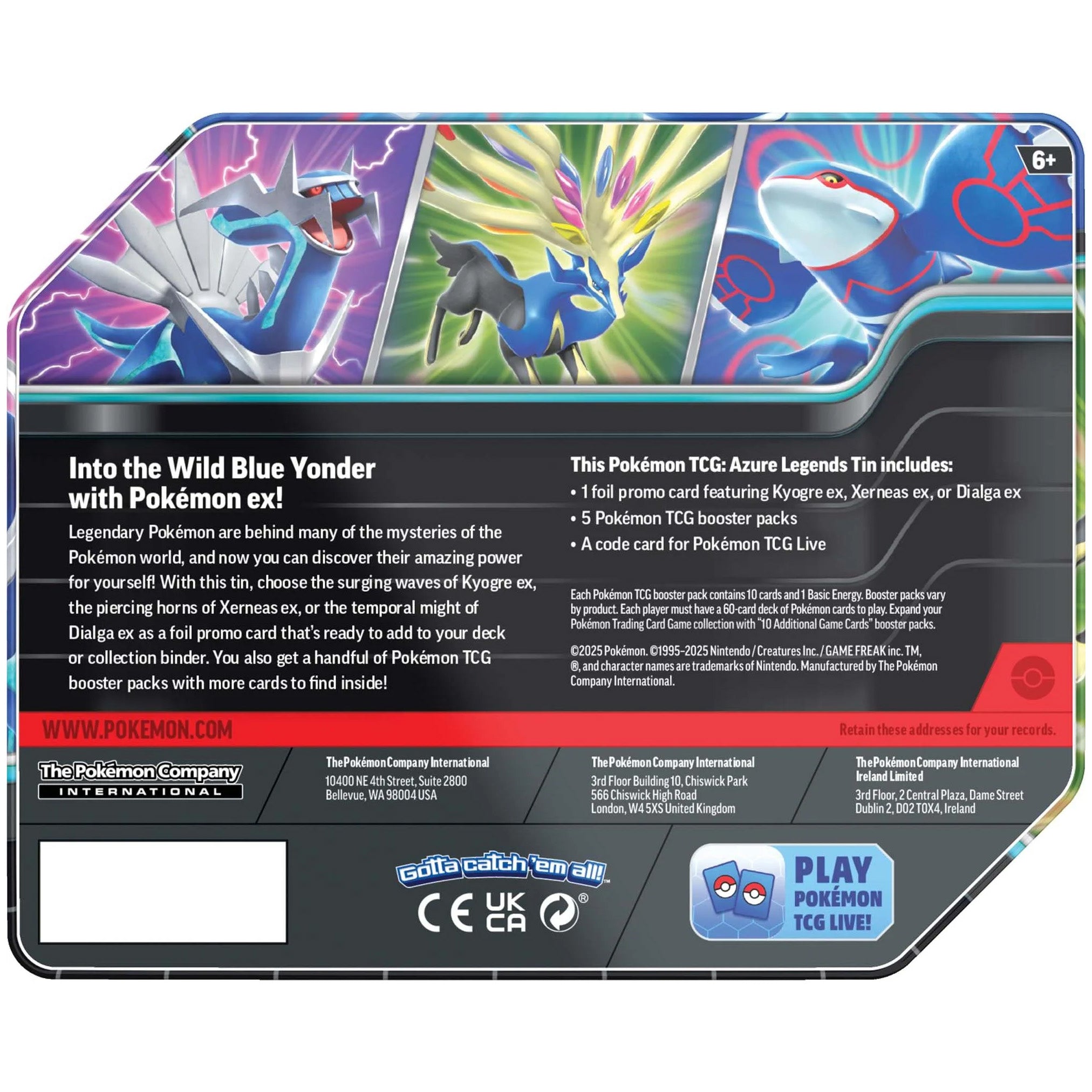 Pokemon TCG Azure Legends Tin Kyogre Ex Animal Kingdoms Toy Store